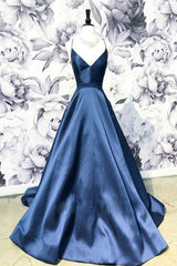 Bridesmaid Dresses Designers, A Line Blue Spaghetti Straps Satin Prom Dresses, V Neck Blue Sexy Evening Party Dress