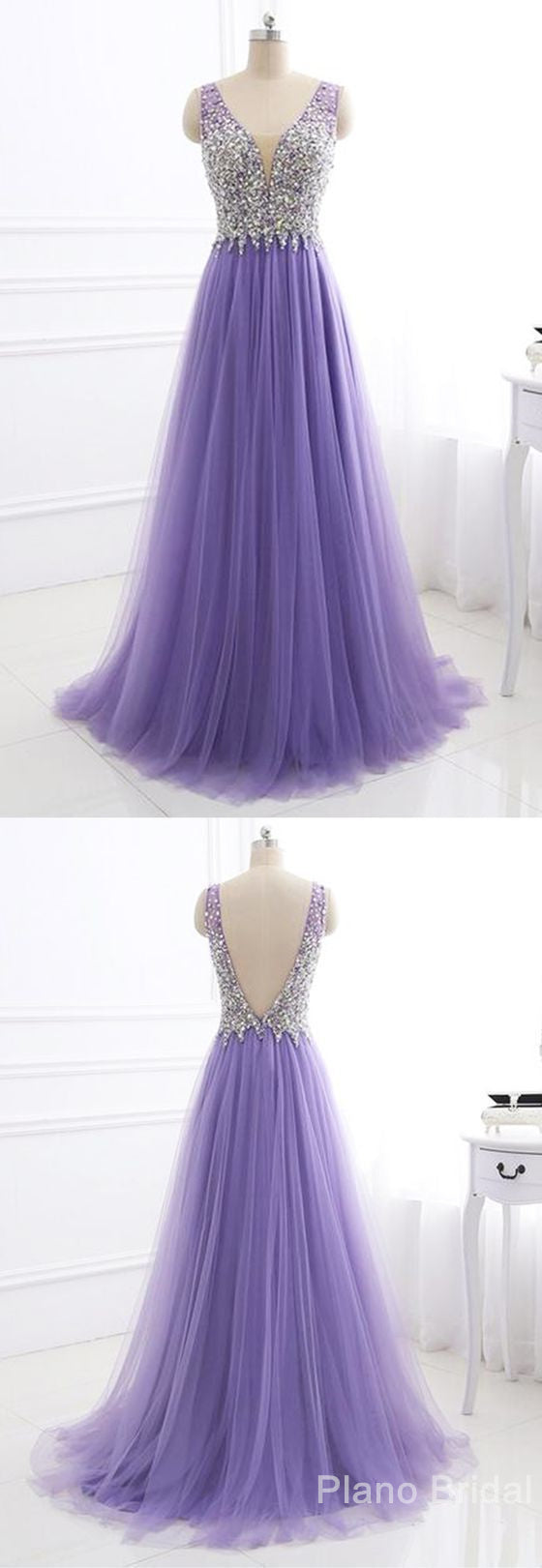 Prom Dress Blue Lace, Purple Tulle V Neck Silver Beaded Long Evening Dress, Purple Halter Prom Dress