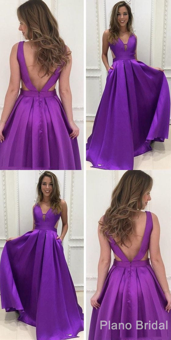 Prom Dresses Green Emerald, A Line Deep V Neck Backless Purple Satin Prom Dress With Pockets