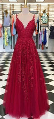 Prom Dresses Black Girls, Red Appliques Lace Long A Line Tulle Prom Dresses