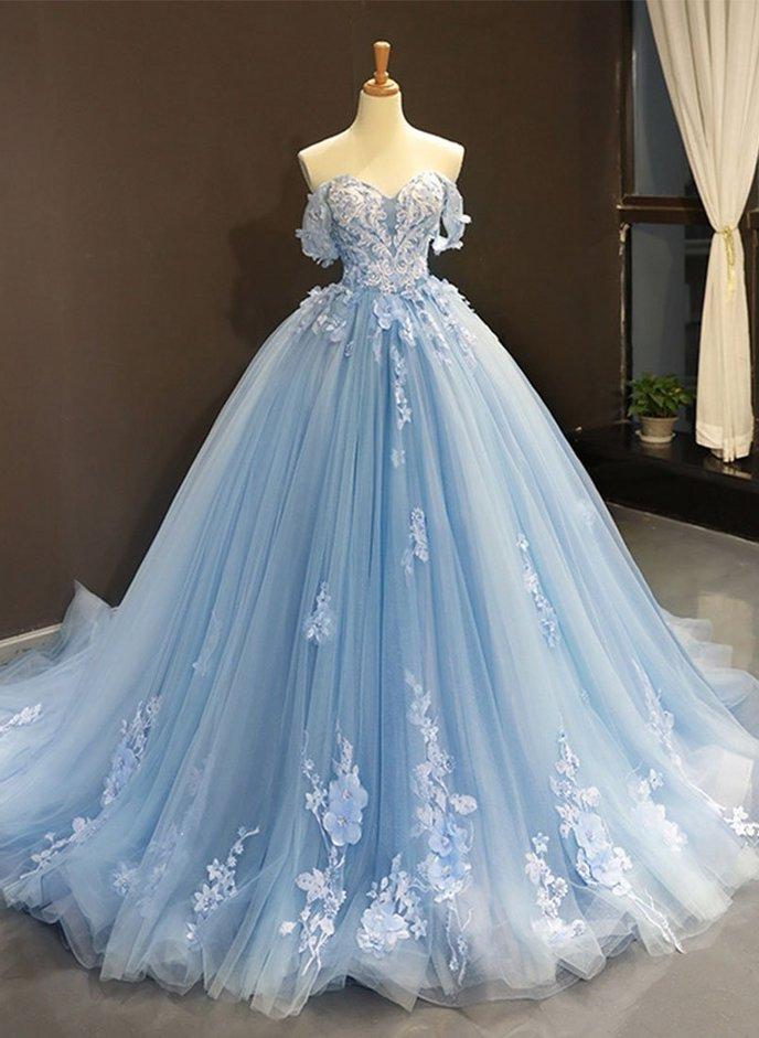 Prom Dress Two Piece, Blue Tulle Lace Long Prom Gown Blue Evening Dress