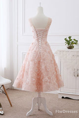 Party Dresses Sales, pink lace round neck tea length prom dress lace evening dress