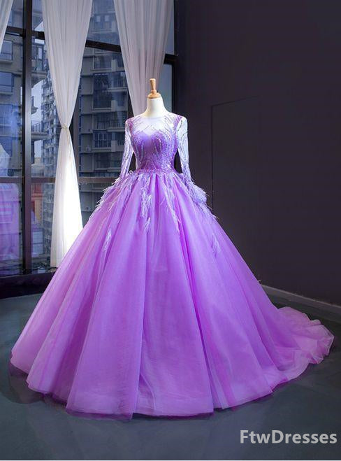 Party Dresses Formal, purple ball gown tulle long sleeve beading sequins luxury prom dress