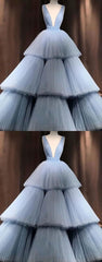 Black Dress, Blue V Neck Tulle Long Prom Dress, Blue Tulle Evening Dress