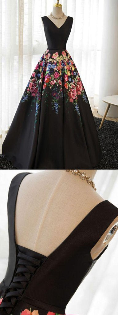 Prom Dresses Burgundy, Black Satin Floral Prints Sleeveless Lace Up Back Prom Dresses