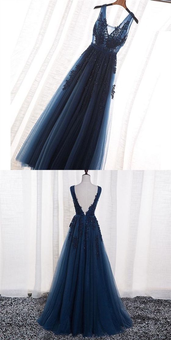 Prom Dresse Two Piece, Elegant Navy Blue Prom Dress, Long Backless Prom Dress, Prom Dress With Appliques