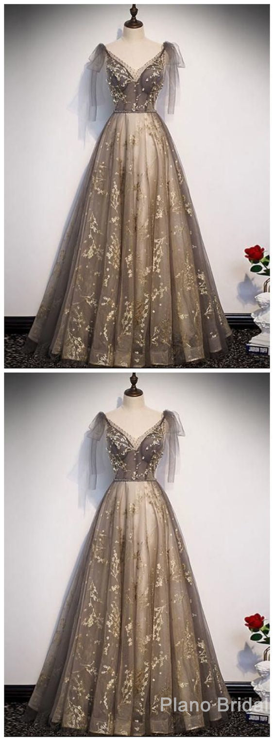 Bridesmaid Dresses Quick Shipping, Elegant V Neck Gray Gold Tulle Lace Long Prom Dress, Tulle Formal Dress