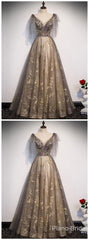 Bridesmaid Dresses Quick Shipping, Elegant V Neck Gray Gold Tulle Lace Long Prom Dress, Tulle Formal Dress