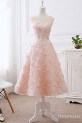 Party Dresses Near Me, pink lace round neck tea length prom dress lace evening dress