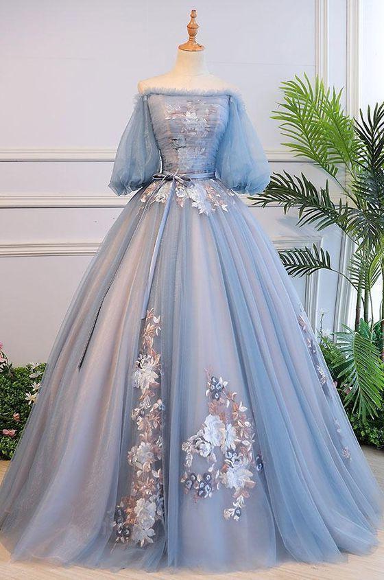 Bridesmaid Dress, Unique Blue Tulle Lace Long Prom Dress, Blue Evening Dress