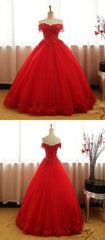 Prom Dress Styling Hair, A Line Red Ball Gown Tulle Off Shoulder Long Prom Dresses