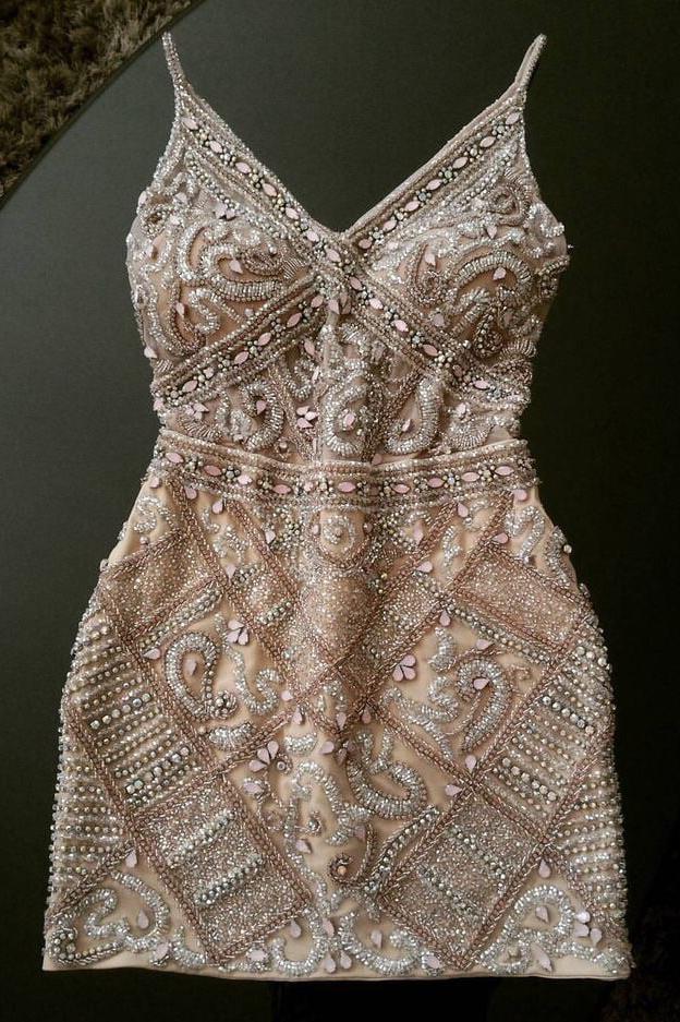 Cocktail Dress, Short Homecoming Dresses, Spaghetti Straps Mini Dress With Beaded