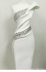 Bridesmaids Dress Online, Glam White Dress With Diamonds Floor Length Prom Dress