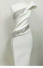 Bridesmaid Dress Shops Near Me, Glam White Dress With Diamonds Floor Length Prom Dress