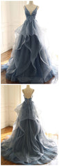 Formals Dresses Short, TULLE LACE LONG BLUE Prom Dresses