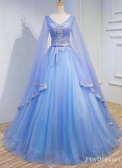 Party Dress Shops Near Me, light blue tulle v neck long sleeve lace applique prom dress for teen