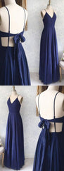 Prom Dresses Blushes, Great Evening Dresses, Backless Sexy Spaghetti Straps Backless Navy Blue Chiffon A Line Floor Length Prom Dress