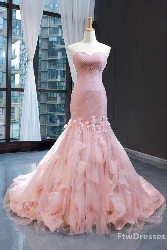 Party Dresses Store, pink sweetheart tulle prom dress mermaid formal ball gowns gorgeous evening dress with sweep train