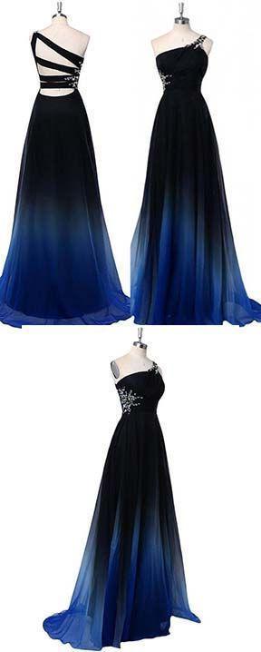 Prom Dresses Dark Blue, Ombre A Line One Shoulder Beading Chiffon Prom Dress, Gradient Formal Dress