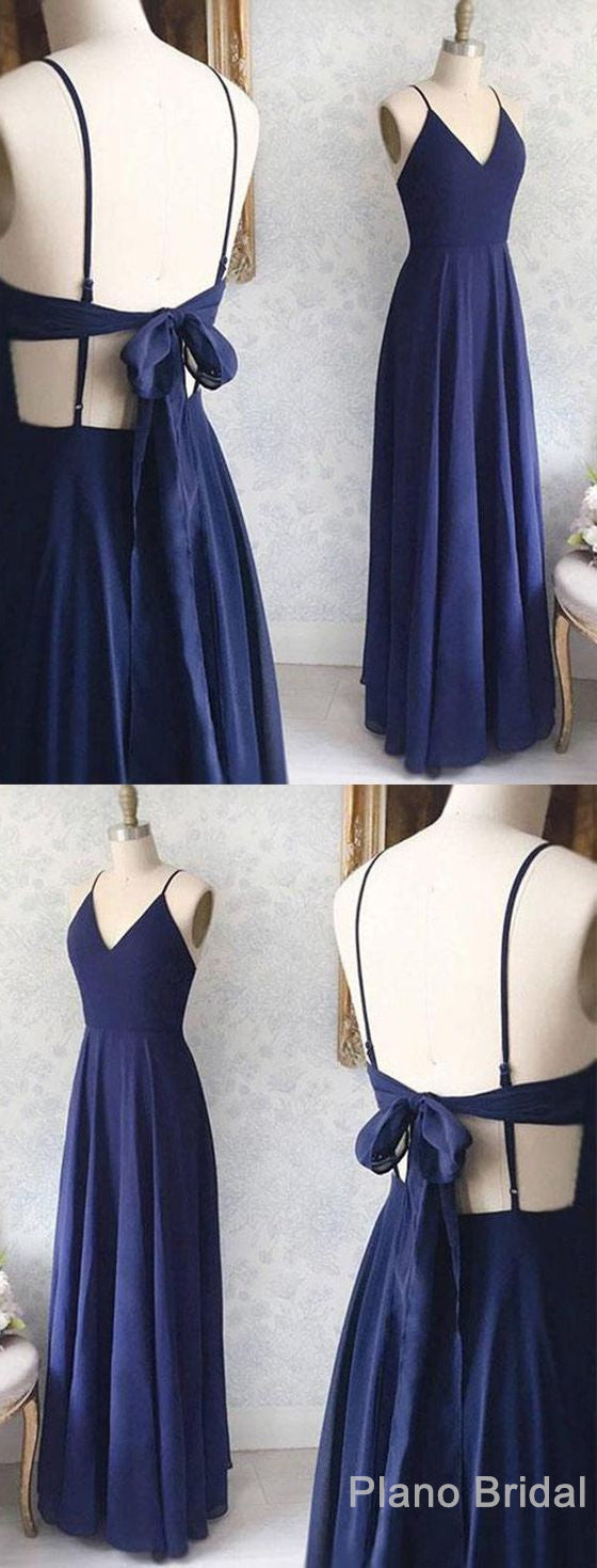 Prom Dress Blush, Great Evening Dresses, Backless Sexy Spaghetti Straps Backless Navy Blue Chiffon A Line Floor Length Prom Dress