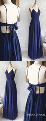 Prom Dress Blush, Great Evening Dresses, Backless Sexy Spaghetti Straps Backless Navy Blue Chiffon A Line Floor Length Prom Dress