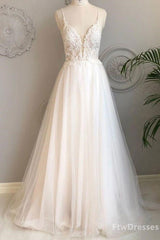 Party Dress Formal, white v neck tulle lace long prom dress