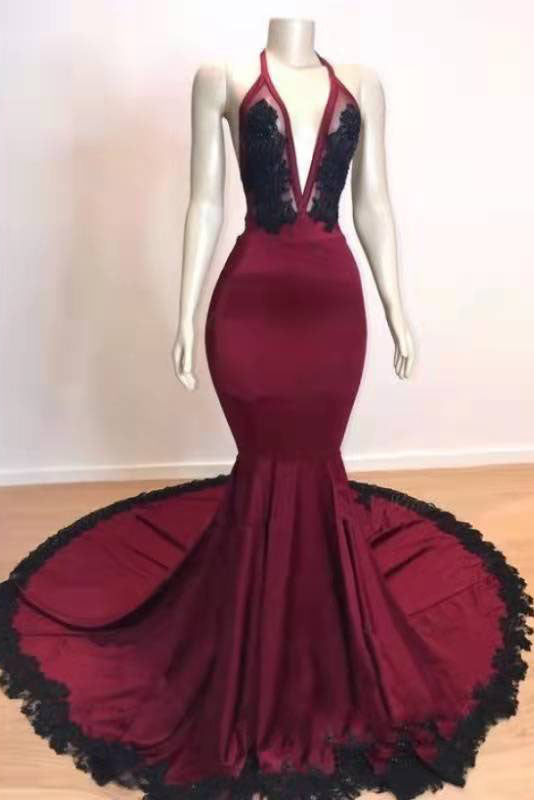 Party Dress Jumpsuit, Burgundy Halter Deep V Neck Mermaid Prom Dress with Lace, Long Evening Gown