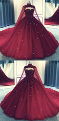 Bridesmaids Dresses Formal, Glam Ball Gown Quinceanera Dress Lace Applique Beaded Cape, Wine Red Formal Dress Party Gowns