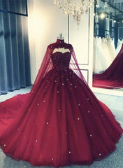 Bridesmaid Dress Formal, Glam Ball Gown Quinceanera Dress Lace Applique Beaded Cape, Wine Red Formal Dress Party Gowns