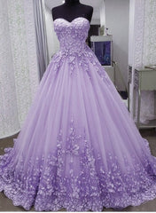 Prom Dresses 2023, Glam Light Purple Sweet 16 Gown Tulle with Lace Applique, Lavender Tulle Formal Gowns