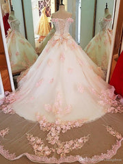 Party Dress Aesthetic, Glam Pink Flowers Tulle Off Shoulder Sweet 16 Dress, Ball Gown Formal Dress