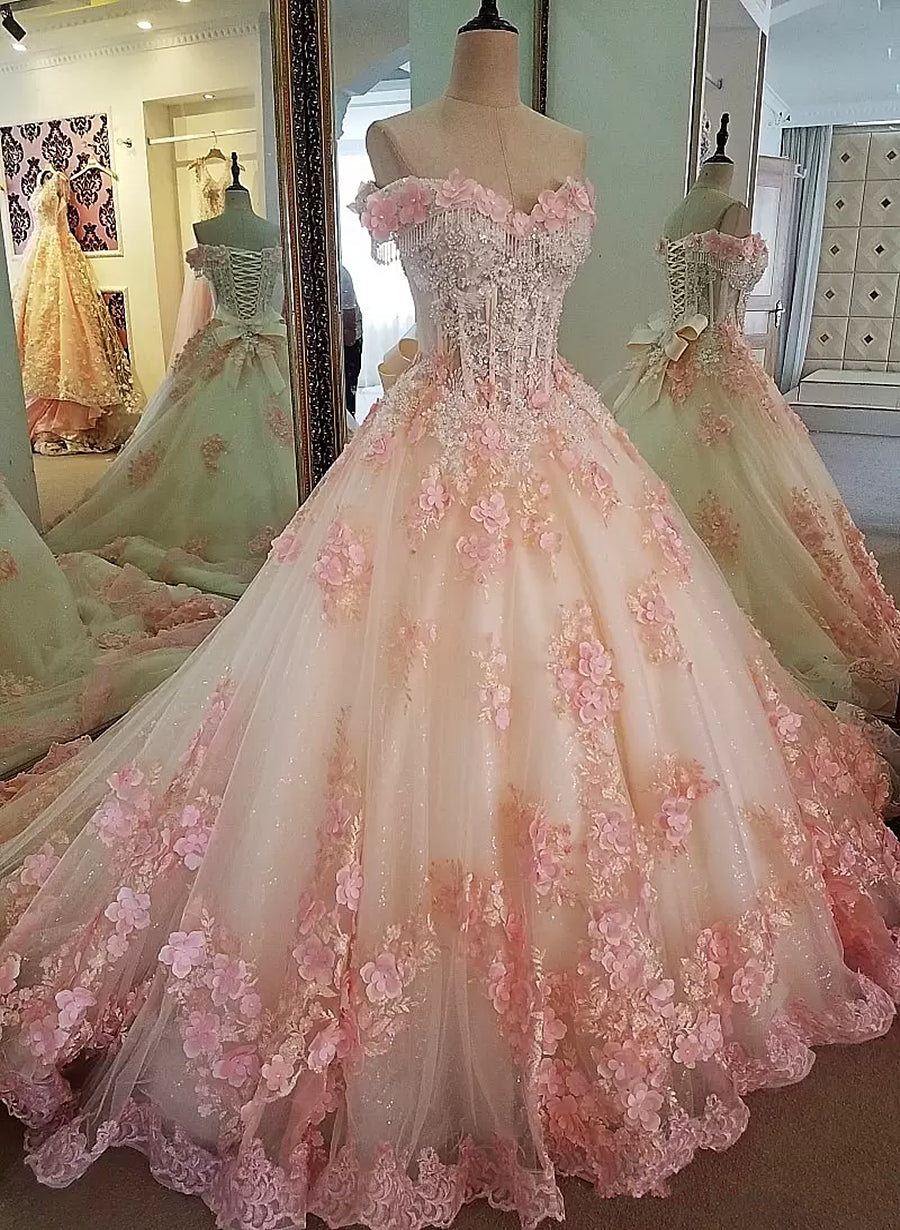 Party Dress Luxury, Glam Pink Flowers Tulle Off Shoulder Sweet 16 Dress, Ball Gown Formal Dress