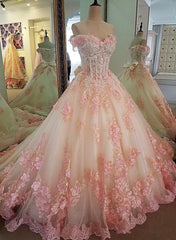 Party Dress Luxury, Glam Pink Flowers Tulle Off Shoulder Sweet 16 Dress, Ball Gown Formal Dress