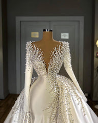 Wedding Dresses Short Bride, Glamorous Long Sleeve Pearls Wedding Dress V-Neck With Detachable Train Online