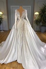 Wedding Dress Under 203, Glamorous Long Sleeve Pearls Wedding Dress V-Neck With Detachable Train Online