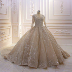 Wedding Dresses Princess, Glamorous Long Sleeve V-neck Sequin Beading Ball Gown Wedding Dress