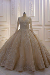 Wedding Dresses For The Beach, Glamorous Long Sleeve V-neck Sequin Beading Ball Gown Wedding Dress