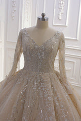 Weddings Dresses Near Me, Glamorous Long Sleeve V-neck Sequin Beading Ball Gown Wedding Dress