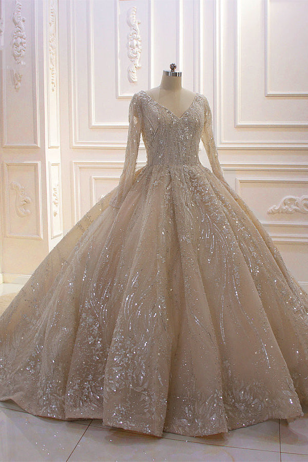 Wedding Dress Satin, Glamorous Long Sleeve V-neck Sequin Beading Ball Gown Wedding Dress