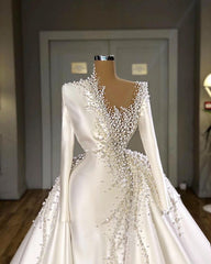 Wedding Dresses Vintage Lace, Glamorous Long Sleeves Pearls Wedding Dresses Mermaid With Detachable Train