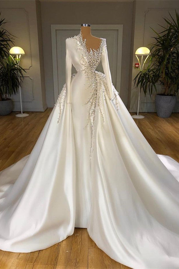 Wedding Dress For Large Bust, Glamorous Long Sleeves Pearls Wedding Dresses Mermaid With Detachable Train