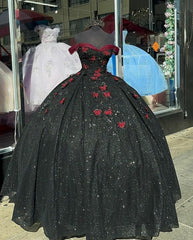Dinner Dress Classy, Glitter Black With Burgundy Butterflies Quinceanera Dress Sweet 16 Dress Ball Gown
