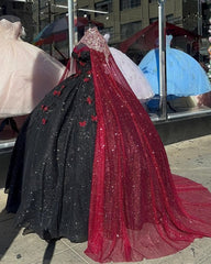 Prom 2037, Glitter Black With Burgundy Butterflies Quinceanera Dress Sweet 16 Dress Ball Gown
