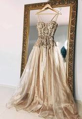 Prom Dresses With Long Sleeves, Gold Spaghetti Strap Sequins Long Prom Dresses