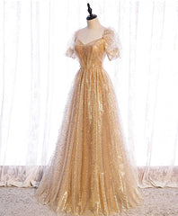 Dress Design, Gold Aline Tulle V Neck Long Prom Dress, Gold Formal Dresses