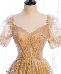 Shirt Dress, Gold Aline Tulle V Neck Long Prom Dress, Gold Formal Dresses