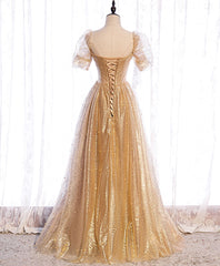 Couture Gown, Gold Aline Tulle V Neck Long Prom Dress, Gold Formal Dresses
