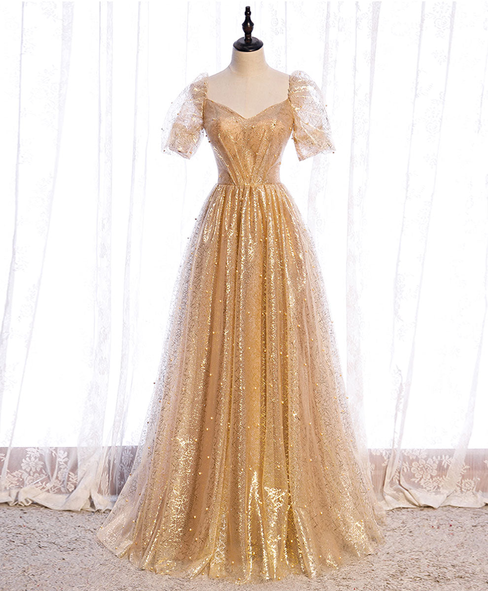 Engagement Dress, Gold Aline Tulle V Neck Long Prom Dress, Gold Formal Dresses