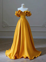 Party Dresses Jumpsuits, Gold Satin Sweetheart Off Shoulder A-line Prom Dress, Satin Evening Dress