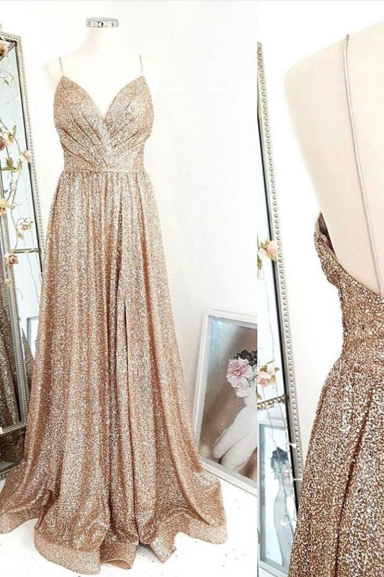 Prom Dresses Princess, Gold sequin long prom dress gold evening dress